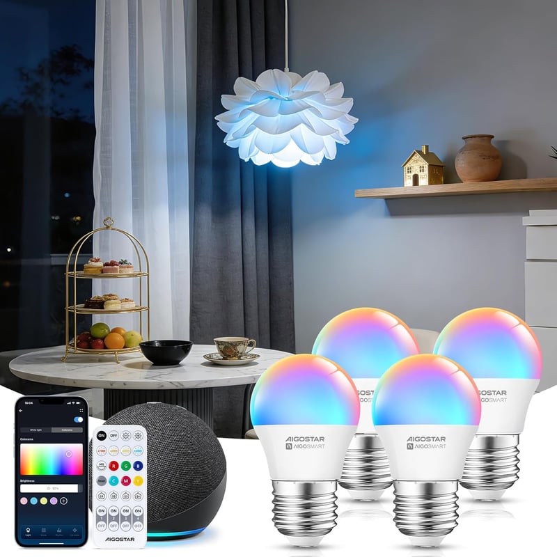 Aigostar E27 LED okos izzó Alexa kompatibilis RGB 4db Bluetooth távirányítóval - 6.5w 4 Stück, G45 E27