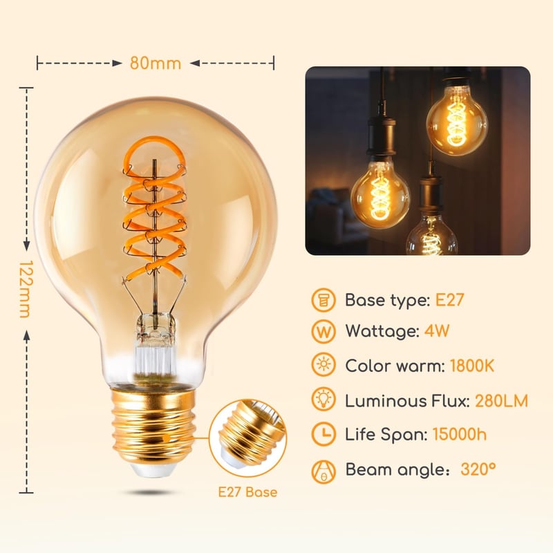 Aigostar LED E27 4W G80 Vintage Edison izzó meleg fehér 1800K 3db