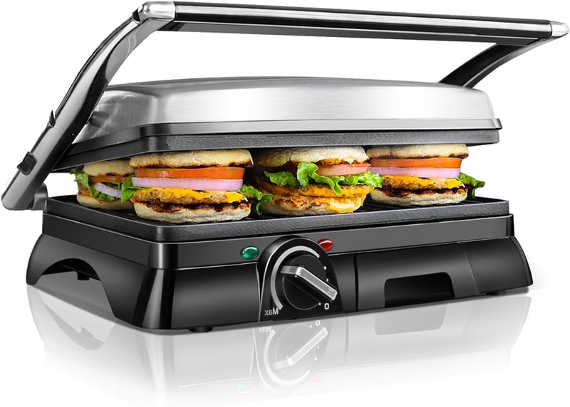 Aigostar Samson XXL Kontakt Grill 2000W - Rozsdamentes Acél Panini Sütő, Szendvicssütő, 180° Nyitható, Tapadásmentes Bevonat, Hőmérséklet Sz