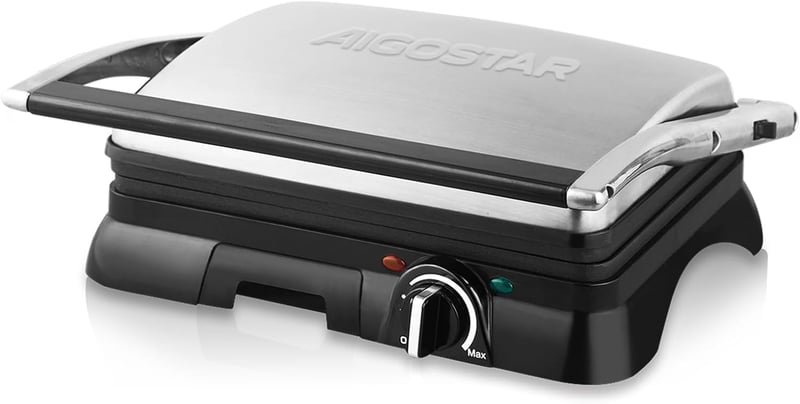 Aigostar Samson XXL Kontakt Grill 2000W - Rozsdamentes Acél Panini Sütő, Szendvicssütő, 180° Nyitható, Tapadásmentes Bevonat, Hőmérséklet Sz