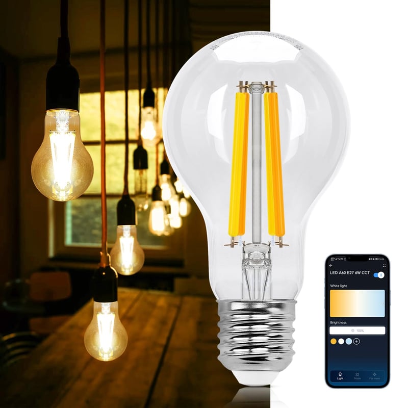 Inteligentná WiFi LED žiarovka Aigostar E27 6W Vintage Edison so stmievaním, 2700K-6500K, kompatibilná s Alexa a Google Assistant, priehľadná, 1 ks