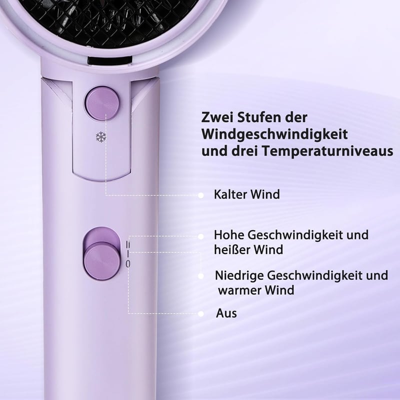 Aigostar Utazási Hajszárító - 2100W Ion Technológia, 3 Hőfokozat/2 Sebesség, Túlmelegedés Elleni Védelem, Lila, Tárolótáskával
