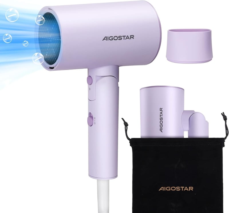 Aigostar Utazási Hajszárító - 2100W Ion Technológia, 3 Hőfokozat/2 Sebesség, Túlmelegedés Elleni Védelem, Lila, Tárolótáskával