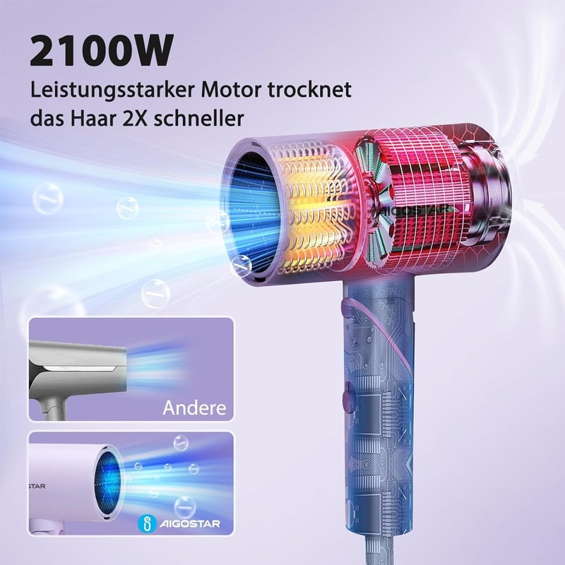 Aigostar Utazási Hajszárító - 2100W Ion Technológia, 3 Hőfokozat/2 Sebesség, Túlmelegedés Elleni Védelem, Lila, Tárolótáskával