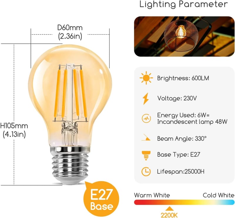 Aigostar Vintage LED Izzó E27 6W, Meleg Fehér 2200K, 600 Lumen, Retro Edison Filament, Borostyán, 330° Szórás, 6 db Csomag