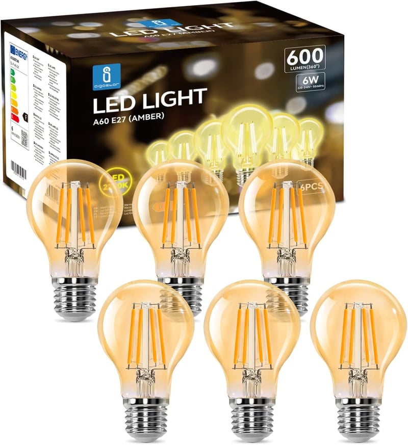Aigostar Vintage LED Izzó E27 6W, Meleg Fehér 2200K, 600 Lumen, Retro Edison Filament, Borostyán, 330° Szórás, 6 db Csomag