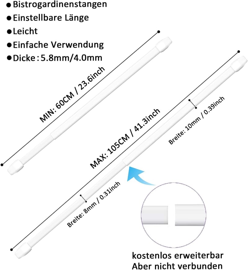 Aiitomg Függönyrúd 2db Fehér 60-105cm Ablak Konyha Szekrény