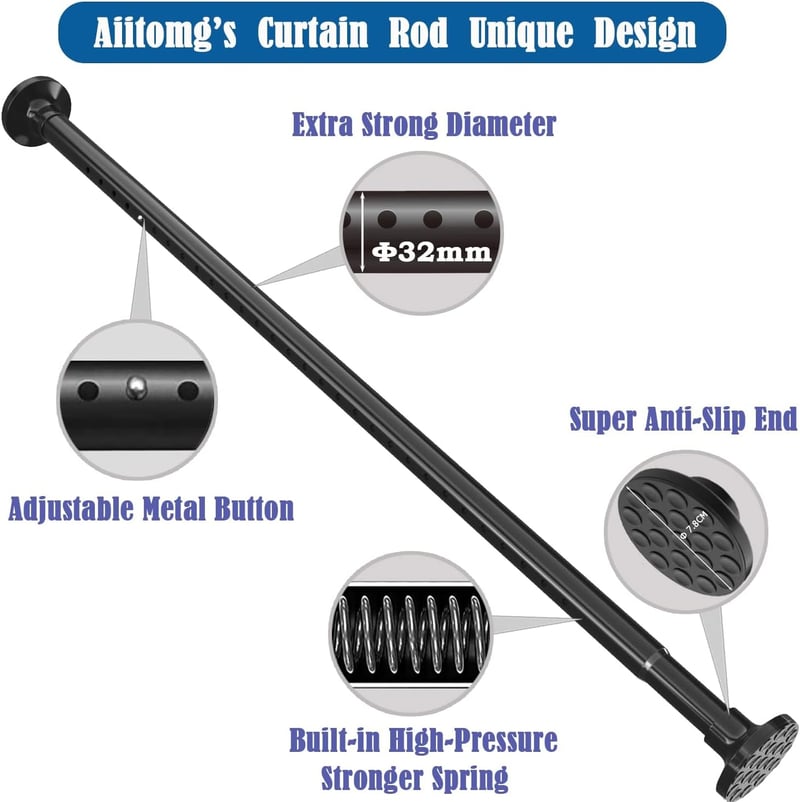 Aiitomg Függönyrúd 400 cm Fúrás Nélkül Fekete Extendálható Fürdőszoba Hálószoba - 350 - 405 cm, Black