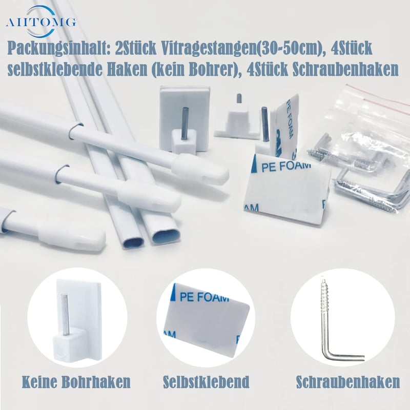 Aiitomg Kihúzható Függönyrúd Szett 2 db - Fúrás Nélkül Rögzíthető, 30-50 cm, Fehér, Ablakra, Konyhába, Barkácsoláshoz, 600g Teherbírás