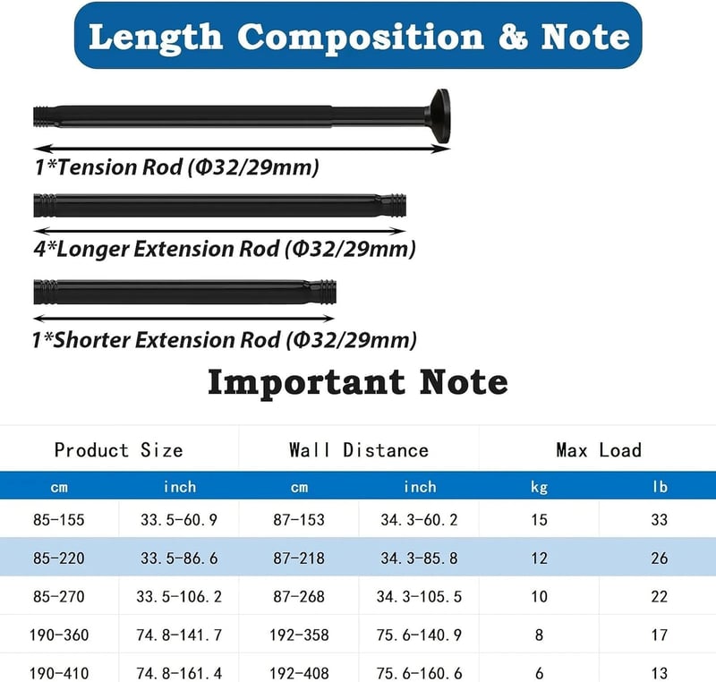 Galerie pentru perdea de duș Aiitomg fără găurire, suport telescopic cu fixare prin presiune, negru, 85-220 cm, 32 mm, pentru baie și dormitor