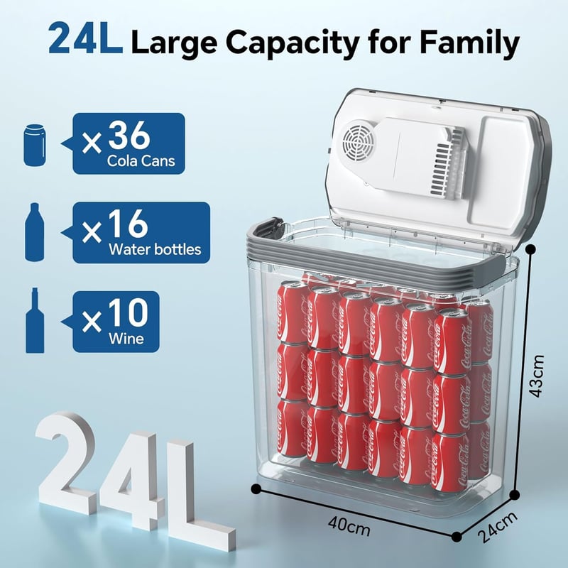 Aikku 24 Literes Hűtődoboz Autóba 12V/230V - Hűtő-Melegítő Mini Hűtőszekrény Eco és Max Üzemmóddal Otthonra, Kempingezéshez, Fesztiválokra, 