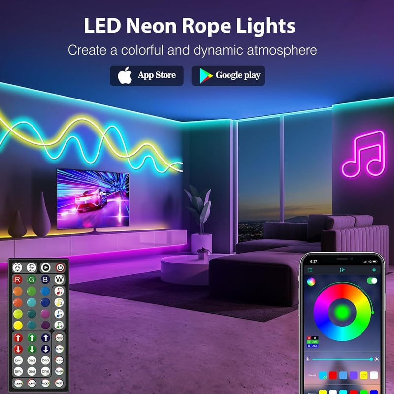 AILBTON 30m LED Neon Rope Light RGB App/Távirányító Vezérlés Flexibilis