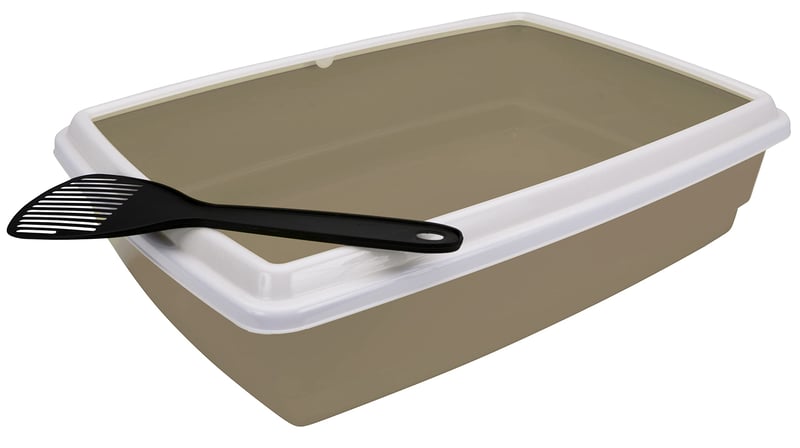 Otvorená toaleta pre mačky Aimé s okrajom a lopatkou, sivohnedá (taupe), 44x34x11 cm – ľahko čistiteľná plastová toaleta pre mačky