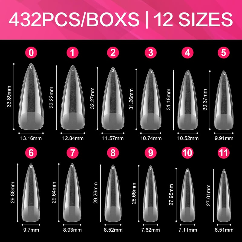 AIMEILI 432 db Műköröm Szett 12 Méret Stiletto Akril UV Gél Köröm Tipek