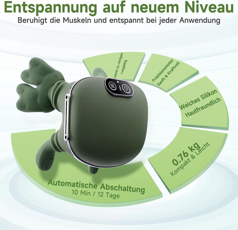 Aimmbiuty 4D Bionic kéz nyakmasszírozó elektromos siatsu vállra, 3 intenzitás és 2 hőfokszint, mély szövetes masszázs, zöld