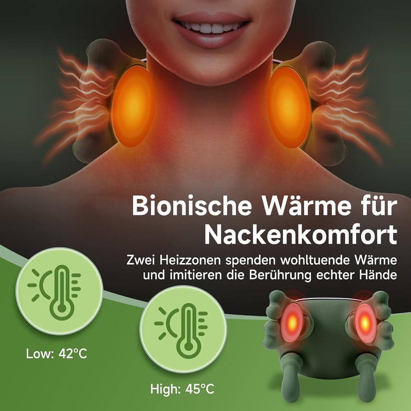 Aimmbiuty 4D Bionic kéz nyakmasszírozó elektromos siatsu vállra, 3 intenzitás és 2 hőfokszint, mély szövetes masszázs, zöld