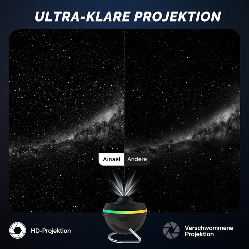 Ainael Csillagos ég vetítő és galaxis meteor éjszakai fény LED fénycsíkokkal, 2 filmkészlettel gyerekeknek és felnőtteknek