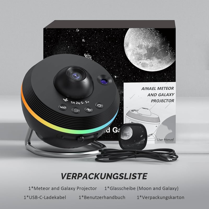 Ainael Csillagos Égbolt Projektor - Galaxis Planetárium LED Éjszakai Fény Meteor Effekttel, 180° Forgatható, Hálószobába, Gyerekeknek és Fel