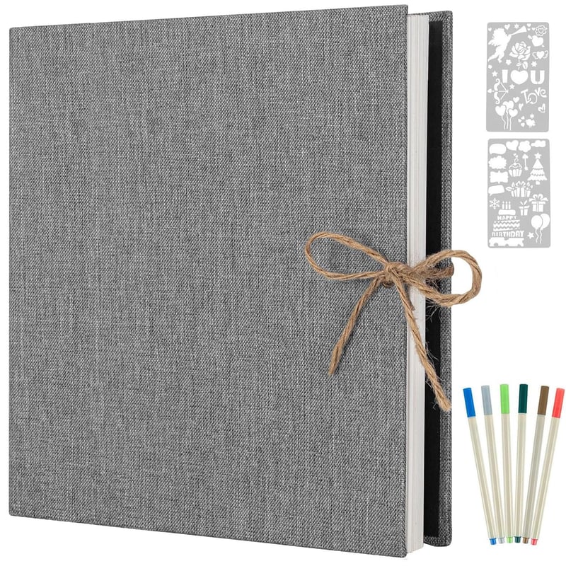 Album foto autoadeziv AIOR, album tip scrapbook mare cu copertă din pânză, stil retro, 60 de pagini albe, cadou pentru aniversare sau ziua de naștere, 33x32 cm, gri