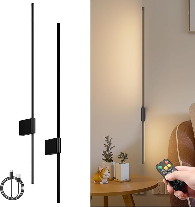 Aipsun set 2 aplice LED cu baterii și telecomandă, negru, 100 cm, 10000mAh, 6W, 3 temperaturi de culoare, temporizator, pentru living, dormitor, hol