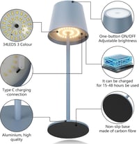 Aipsun 2 db-os, szabályozható LED újratölthető asztali lámpa, kék, 6000mAh, vezeték nélküli asztali lámpa, meleg fehér (2700k-6000k), IP54, kültéri LED asztali lámpa éttermekbe, hálószobákba, bárokba 3