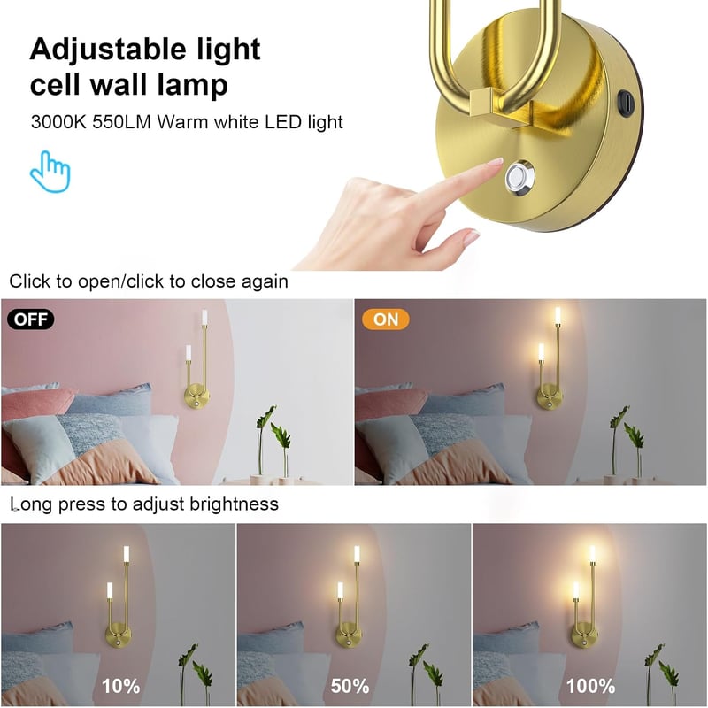 Aipsun 2 db vezeték nélküli LED fali lámpa beltéri arany 8000 mAh 8 W 550 lm 3000 K dimmelhető érintés lépcsőhöz hálószobába nappaliba