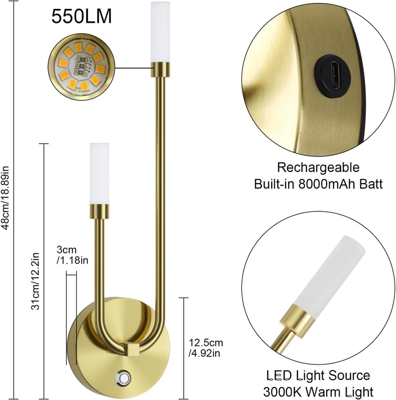 Aipsun 2 db vezeték nélküli LED fali lámpa beltéri arany 8000 mAh 8 W 550 lm 3000 K dimmelhető érintés lépcsőhöz hálószobába nappaliba