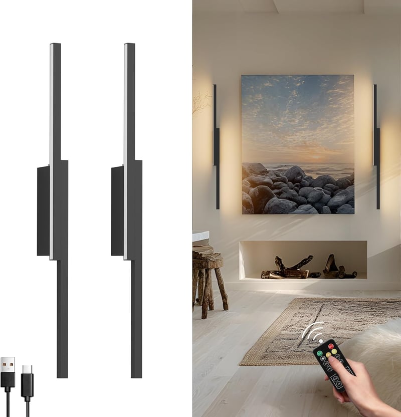 Aipsun Vezeték Nélküli LED Fali Lámpa 2db, Távirányítós, 6000mAh USB-C Tölthető, 60cm, Fekete, 3 Színhőmérséklet, Időzítő, Modern - 2 Stück-100CM, Black