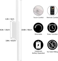 Aipsun Vezeték Nélküli LED Fali Lámpa Távirányítóval - 60 cm Fehér Alumínium, USB-C Tölthető, 3 Színhőmérséklet, Időzítő, 2 db Szett 5