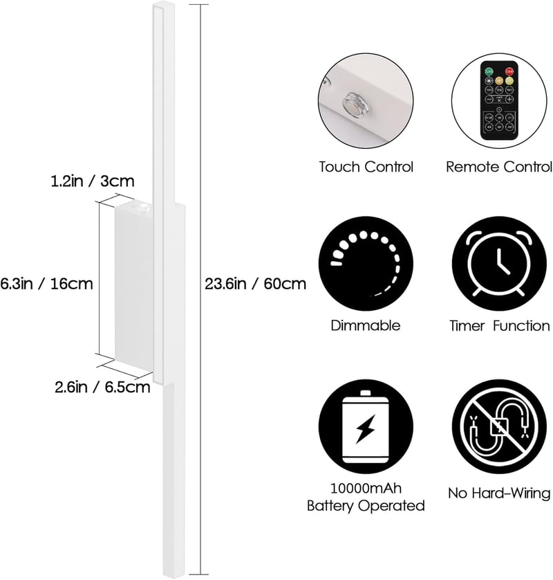 Aipsun Vezeték Nélküli LED Fali Lámpa Távirányítóval - 60 cm Fehér Alumínium, USB-C Tölthető, 3 Színhőmérséklet, Időzítő, 2 db Szett