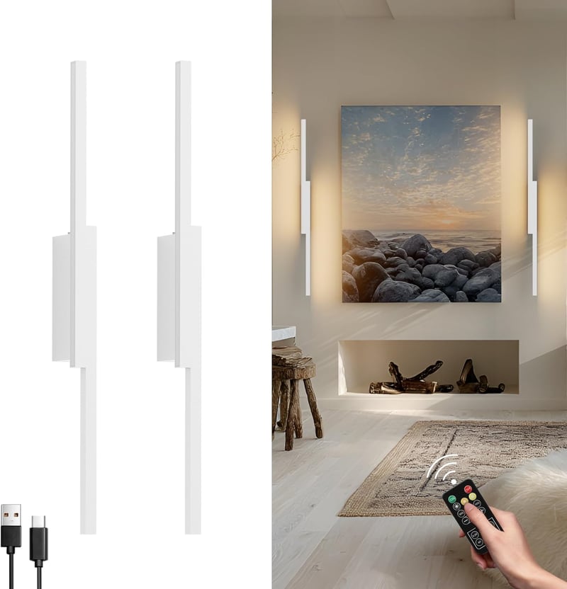 Aipsun Vezeték Nélküli LED Fali Lámpa Távirányítóval - 60 cm Fehér Alumínium, USB-C Tölthető, 3 Színhőmérséklet, Időzítő, 2 db Szett
