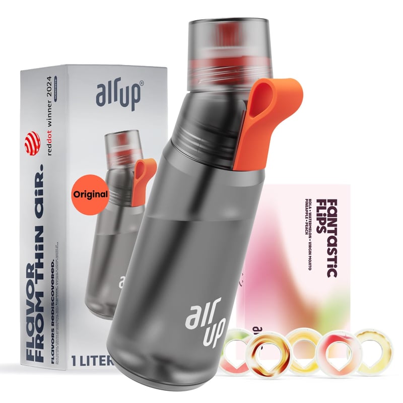 Set de pornire air up Twist Pro, bidon de 1 litru cu 5 capsule de aromă, fără zahăr, etanș, lavabil în mașina de spălat vase, fără BPA, Charcoal Grey