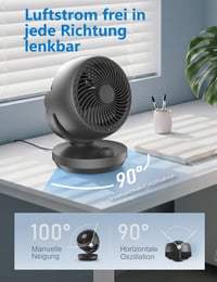 Tichý stolný ventilátor AirEase 22 dB, 3D turbo cirkulátor vzduchu, 3 rýchlosti, sklon 100°/90°, do spálne, kancelárie, obývačky do 21 m², čierny 4