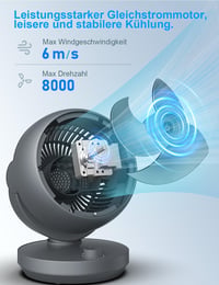 Tichý stolný ventilátor AirEase 22 dB, 3D turbo cirkulátor vzduchu, 3 rýchlosti, sklon 100°/90°, do spálne, kancelárie, obývačky do 21 m², čierny 3