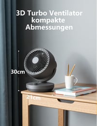 Tichý stolný ventilátor AirEase 22 dB, 3D turbo cirkulátor vzduchu, 3 rýchlosti, sklon 100°/90°, do spálne, kancelárie, obývačky do 21 m², čierny 7