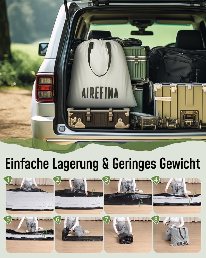 Airefina Felfújható Matrac 2 Személyes - Beépített Pumpás Légágy Kempinghez, Vendégágynak - Hordozható Fekete Légmatrac Táskával, 203x152x33