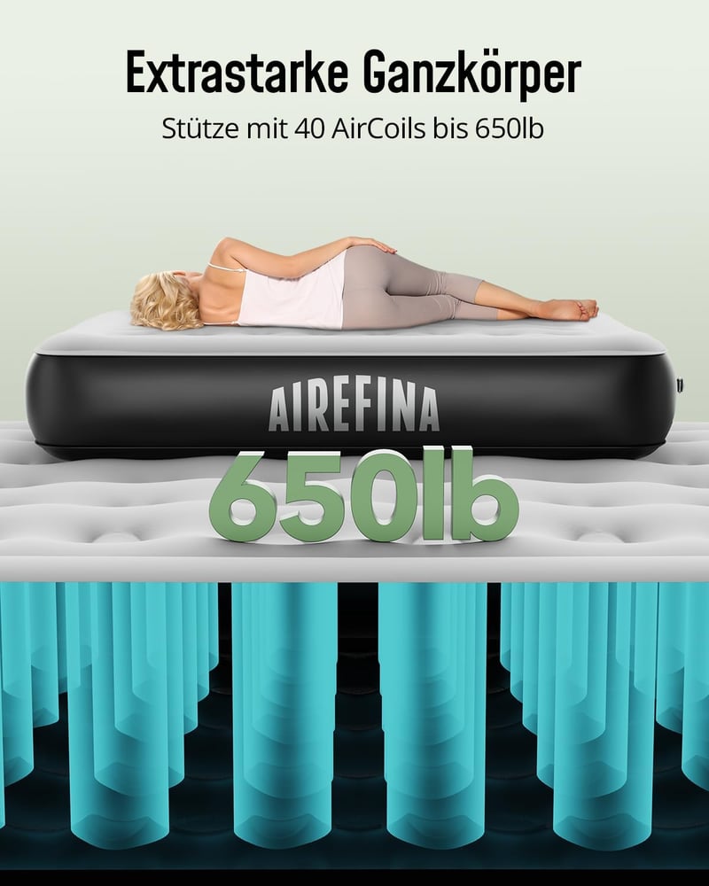 Airefina Felfújható Matrac 2 Személyes - Beépített Pumpás Légágy Kempinghez, Vendégágynak - Hordozható Fekete Légmatrac Táskával, 203x152x33