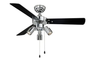 AireRyder Cyrus mennyezeti ventilátor lámpával, csendes, húzókapcsolós, fényes króm dizájn, fekete/ezüst fordítható lapátok, 107 cm átmérő