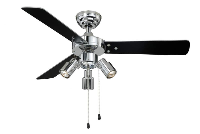 Stropni ventilator sa svjetiljkom AireRyder Cyrus, tih, s poteznim prekidačem, dizajn od sjajnog kroma, reverzibilne lopatice u crnoj/srebrnoj boji, promjer 107 cm