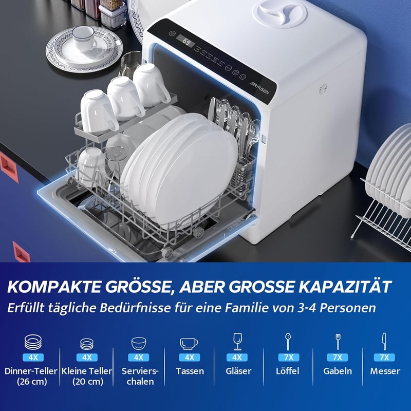 AIRMSEN Asztali Mosogatógép 5+1 Program LED Kijelző Fehér-Fekete