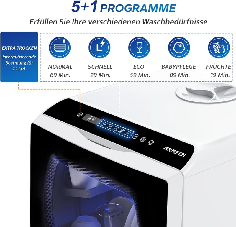 AIRMSEN Asztali Mosogatógép 5+1 Program LED Kijelző Fehér-Fekete