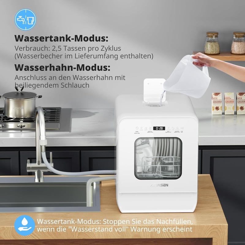AIRMSEN Asztali Mosogatógép Mini 37x50cm Víztartállyal 9 Program 360° Permetezés Fehér