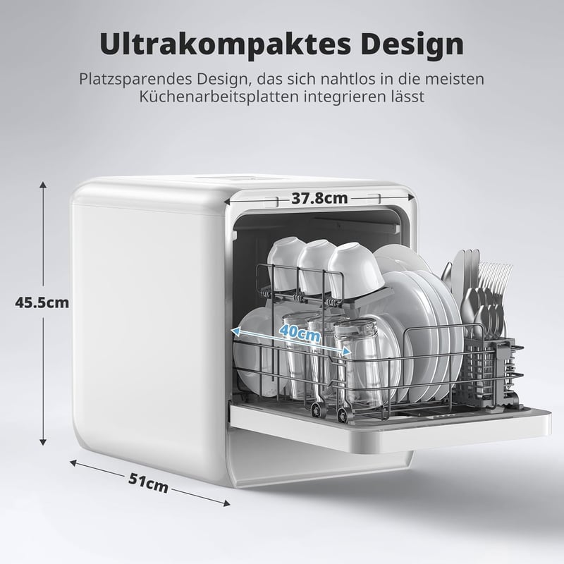 AIRMSEN Asztali Mosogatógép Mini 37x50cm Víztartállyal 9 Program 360° Permetezés Fehér
