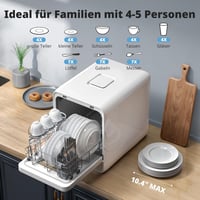 AIRMSEN Asztali Mosogatógép Mini 37x50cm Víztartállyal 9 Program 360° Permetezés Fehér 3
