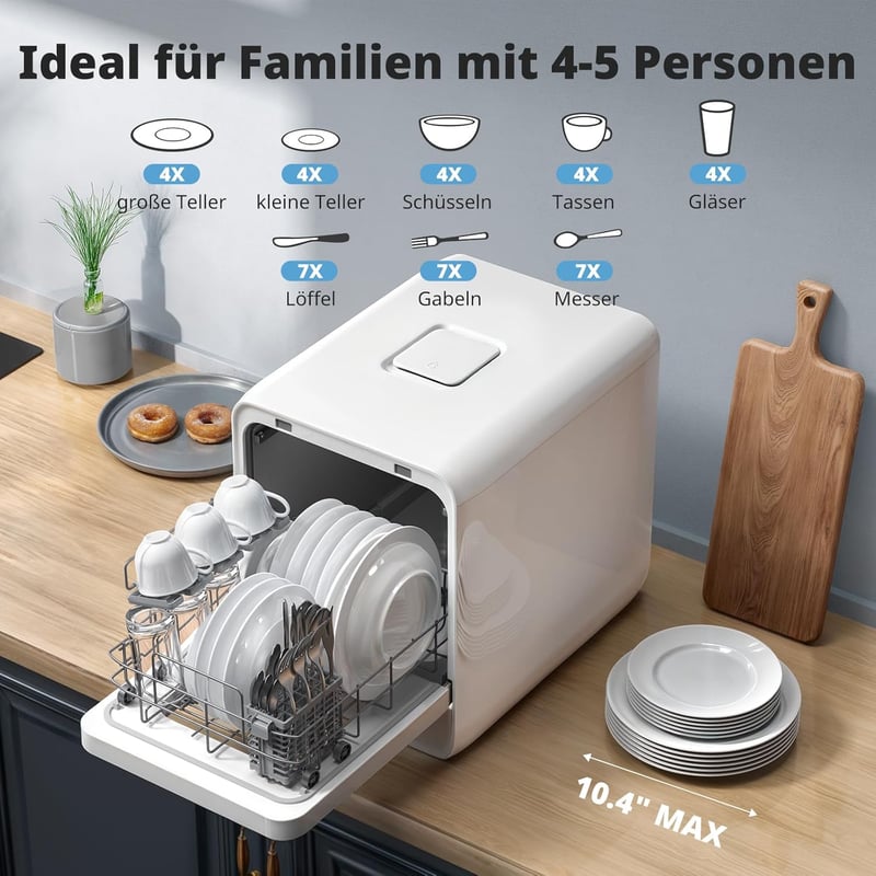 AIRMSEN Asztali Mosogatógép Mini 37x50cm Víztartállyal 9 Program 360° Permetezés Fehér