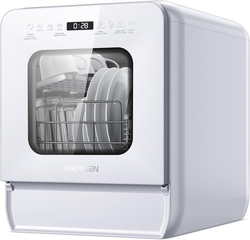 AIRMSEN Asztali Mosogatógép Mini 37x50cm Víztartállyal 9 Program 360° Permetezés Fehér