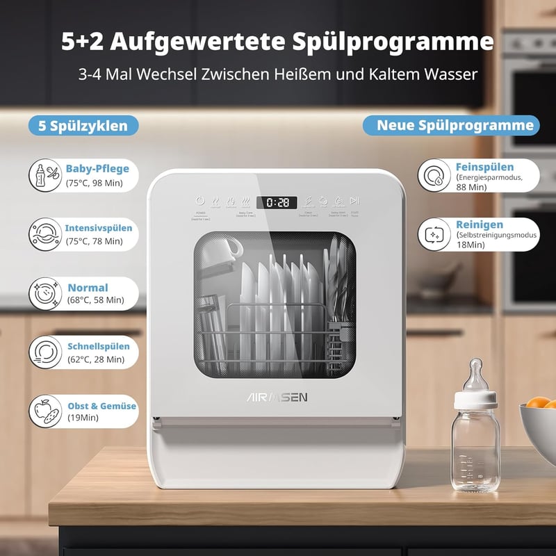 AIRMSEN Asztali Mosogatógép Mini 37x50cm Víztartállyal 9 Program 360° Permetezés Fehér
