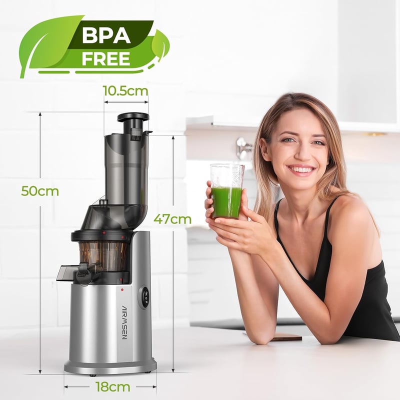 AIRMSEN Lassú Gyümölcscentrifuga 82mm Nyílással, 450W BPA-Mentes Hidegprés Gyümölcs és Zöldség Préshez