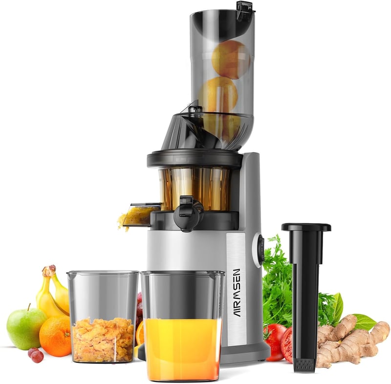 AIRMSEN Lassú Gyümölcscentrifuga 82mm Nyílással, 450W BPA-Mentes Hidegprés Turmixgép Ezüst