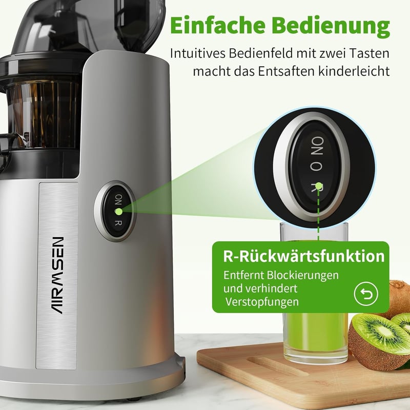 AIRMSEN Lassú Gyümölcscentrifuga 82mm Nyílással, 450W BPA-Mentes Hidegprés Turmixgép Ezüst